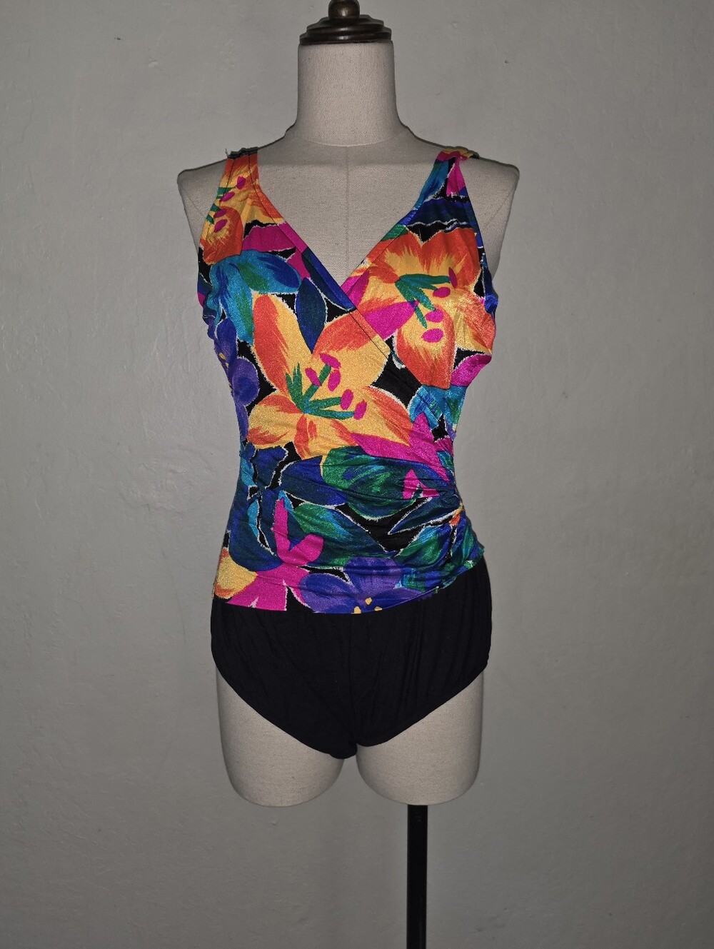 Vintage 1980s Robby Len Floral Drape One Piece Swimsuit